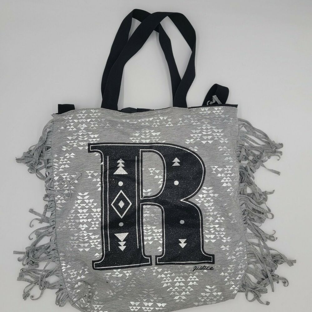 Justice Silver Black Initial "R" Tote Bag Fringe Lined Boho Southwestern Y2K